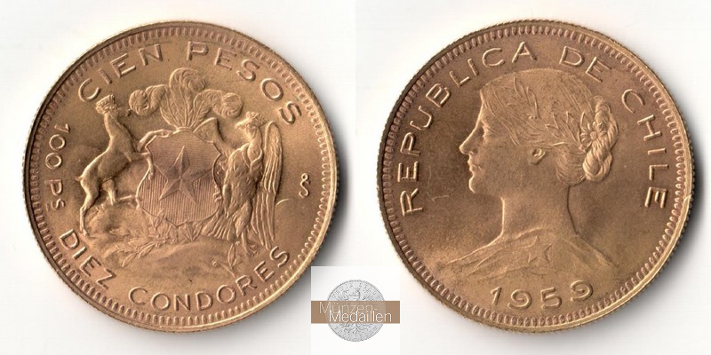 Chile MM-Frankfurt Feingold: 18,31g 100 Pesos 1959 