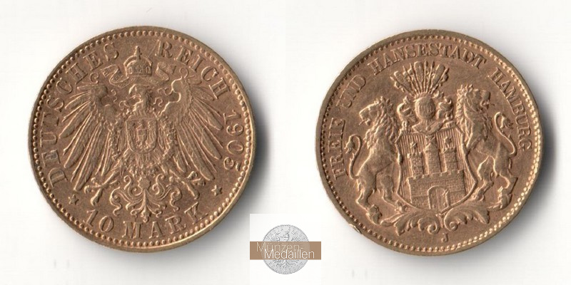 Hamburg, Kaiserreich MM-Frankfurt Feingold: 3,58g 10 Mark 1905 J 