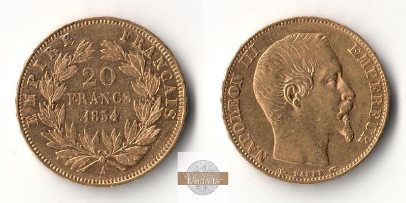 Frankreich MM-Frankfurt Feingold: 5,81g 20 Francs 1854 A 