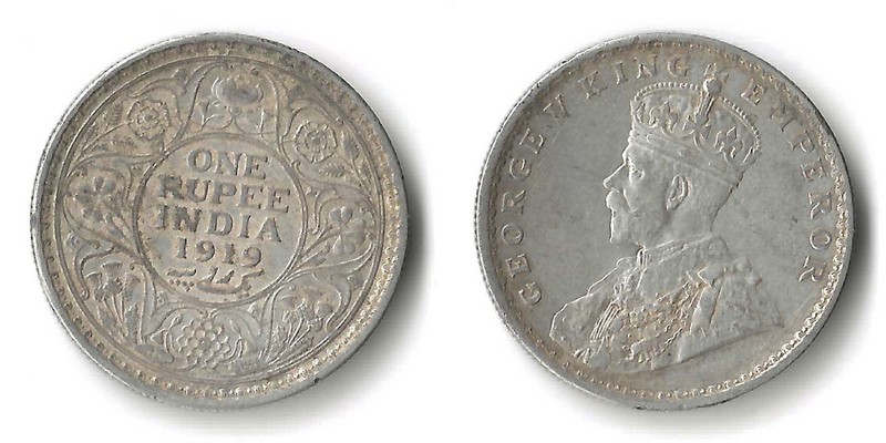  Britisch Indien  1 Rupie  1919   Georg V.   FM-Frankfurt    Feinsilber: 10,69g   