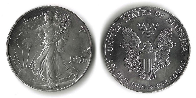  USA  1 Dollar  1990  American Silver Eagle   FM-Frankfurt     Feinsilber: 31,11g   