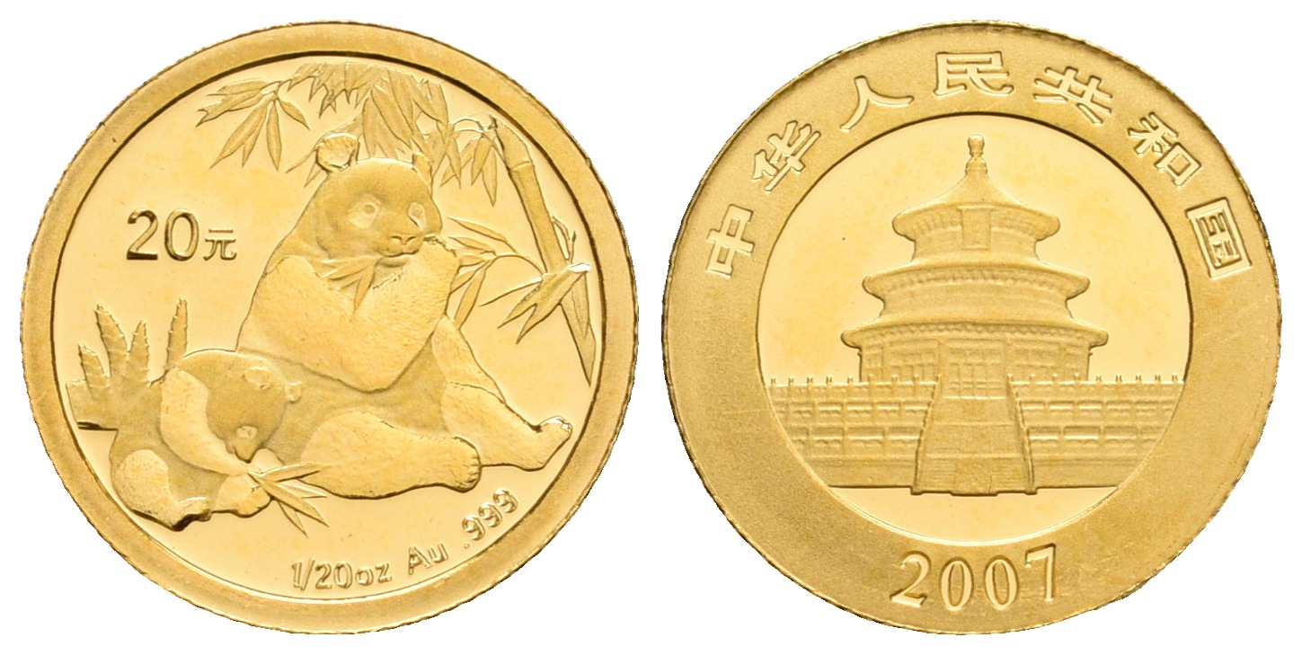 PEUS 6430 China 1,56 g Feingold. Pandamutter mit Kind 20 Yuan GOLD 1/20 Unze 2007 Proof