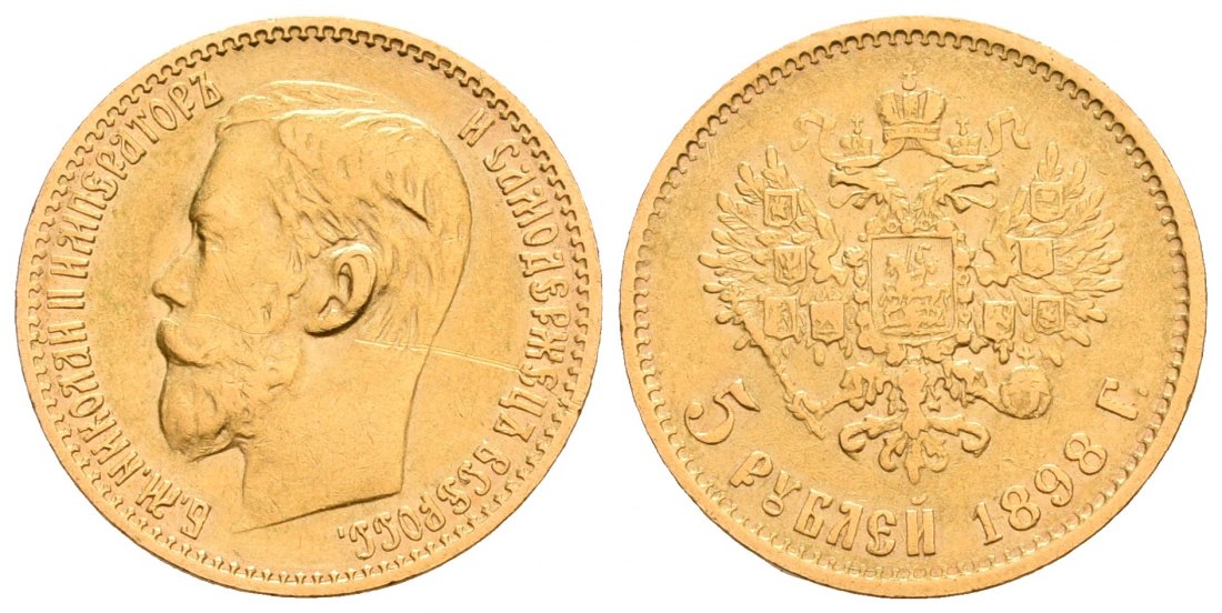 PEUS 6432 Russland 3,87 g Feingold. Zar Nikolaus II. (1894 - 1917) 5 Rubel GOLD 1898 АГ Kl. Kratzer, Vorzüglich