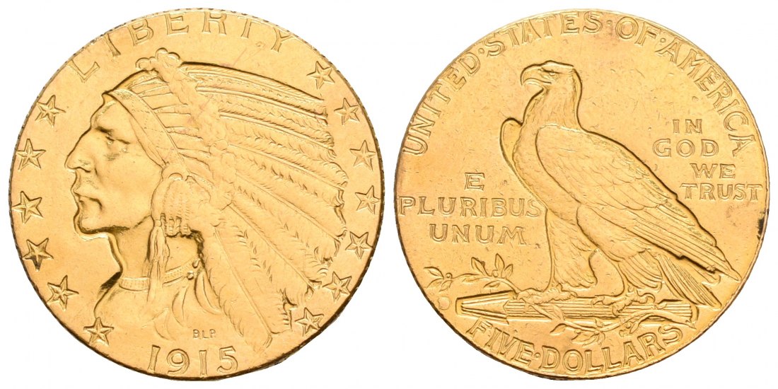 PEUS 6437 USA 7,52 g Feingold. Indian Head 5 Dollars GOLD 1915 Sehr schön