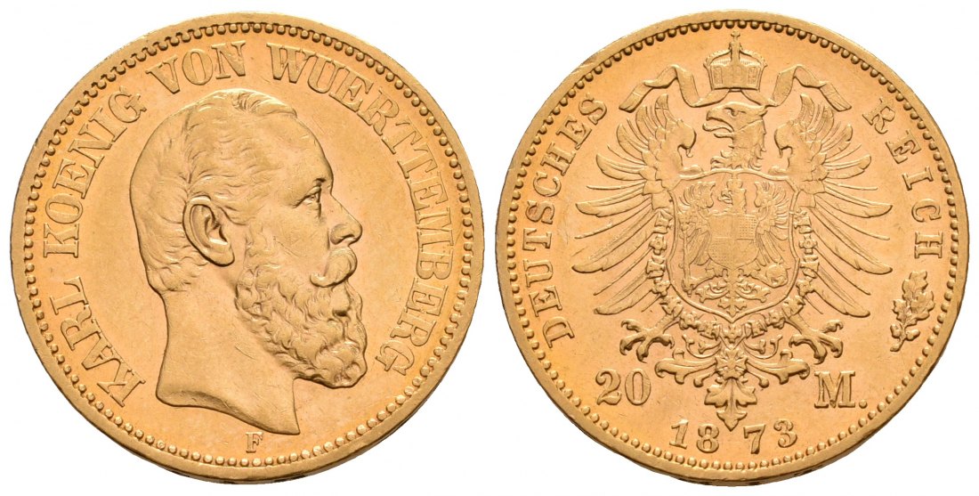 PEUS 6450 Kaiserreich - Württemberg 7,16 g Feingold. Karl (1864 - 1891) 20 Mark GOLD 1873 F Stuttgart Sehr schön