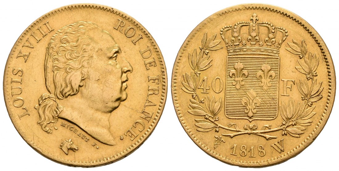 PEUS 6452 Frankreich 11,61 g Feingold. Ludwig XVIII. (1815 - 1824) 40 Francs GOLD 1818 W Lille Kratzer, Sehr schön / Vorzüglich