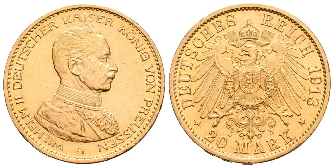 PEUS 6454 Preußen - Kaiserreich 7,16 g Feingold. Kaiser Wilhelm II. (1888 - 1918) in Kürassieruniform 20 Mark GOLD 1913 A Kl. Kratzer, Sehr schön + / fast Stempel