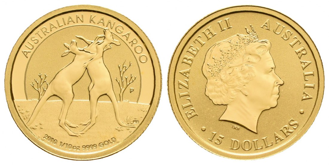 PEUS 6459 Australien 3,11 g Feingold. Zwei kämpfende Kängurus 15 Dollars GOLD 1/10 Unze 2010 Uncirculated (in Originalkapsel)