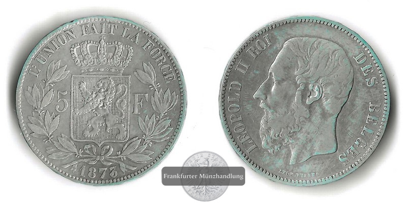  Belgien  5 Francs   1873 Leopold II  FM-Frankfurt Feinsilber: 22,5g   