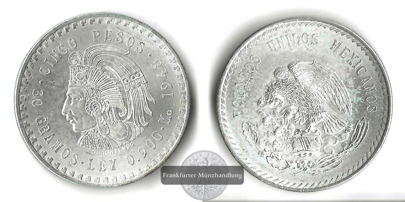  Mexiko,  5 Pesos  1948  Head of Cuauhtemoc    FM-Frankfurt  Feinsilber: 27g   