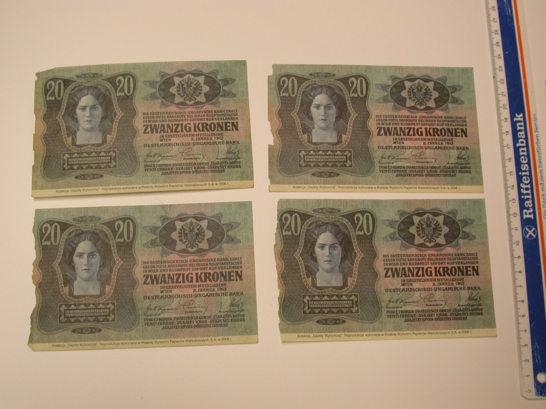P1 4 x 20 Kronen Scheine Österreich Ungarn 1913 bankfrisch, unsauberer Rand anschauen