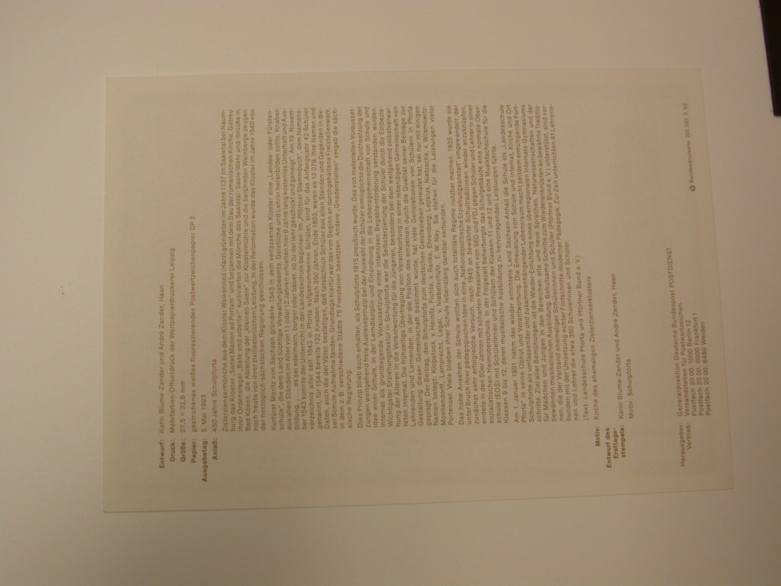  P1  Ersttagsblatt Bonn 1993  450 Jahre Schulpforta Druckfrisch   