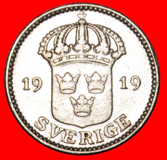  * 3 CROWNS (1910-1941): SWEDEN ★ 25 ORE 1919 SILVER! Gustav V (1907-1950) LOW START ★ NO RESERVE!   