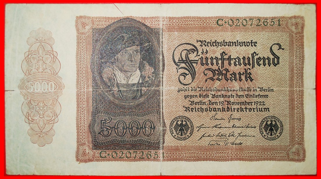 * REICHSBANKNOTE: GERMANY ★ 5000 MARK 1922! UNCOMMON! LOW START ★ NO RESERVE!