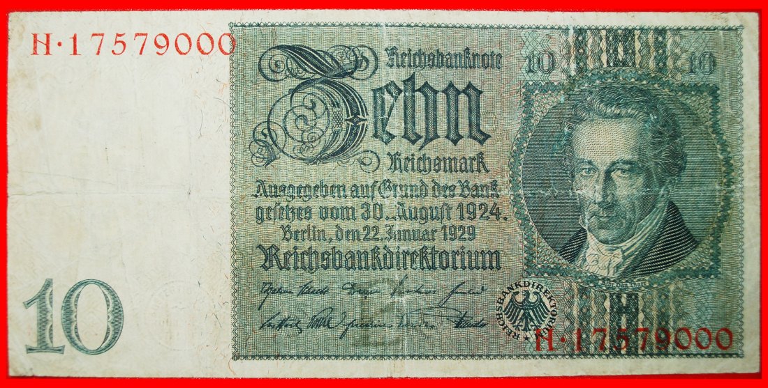  * REICHSBANKNOTE: GERMANY ★ 10 MARK 1929! N 17579000 LOW START ★ NO RESERVE!   