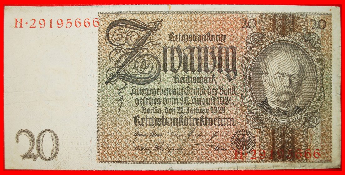  * REICHSBANKNOTE: DEUTSCHLAND ★ 20 MARK 1929! N 29165666 OHNE VORBEHALT!   