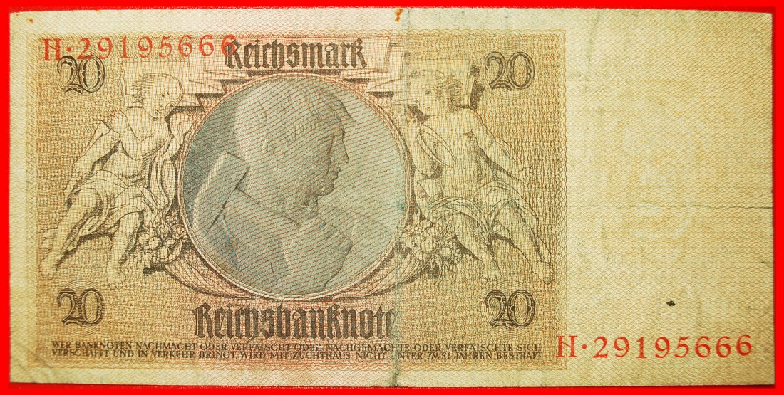  * REICHSBANKNOTE: DEUTSCHLAND ★ 20 MARK 1929! N 29165666 OHNE VORBEHALT!   