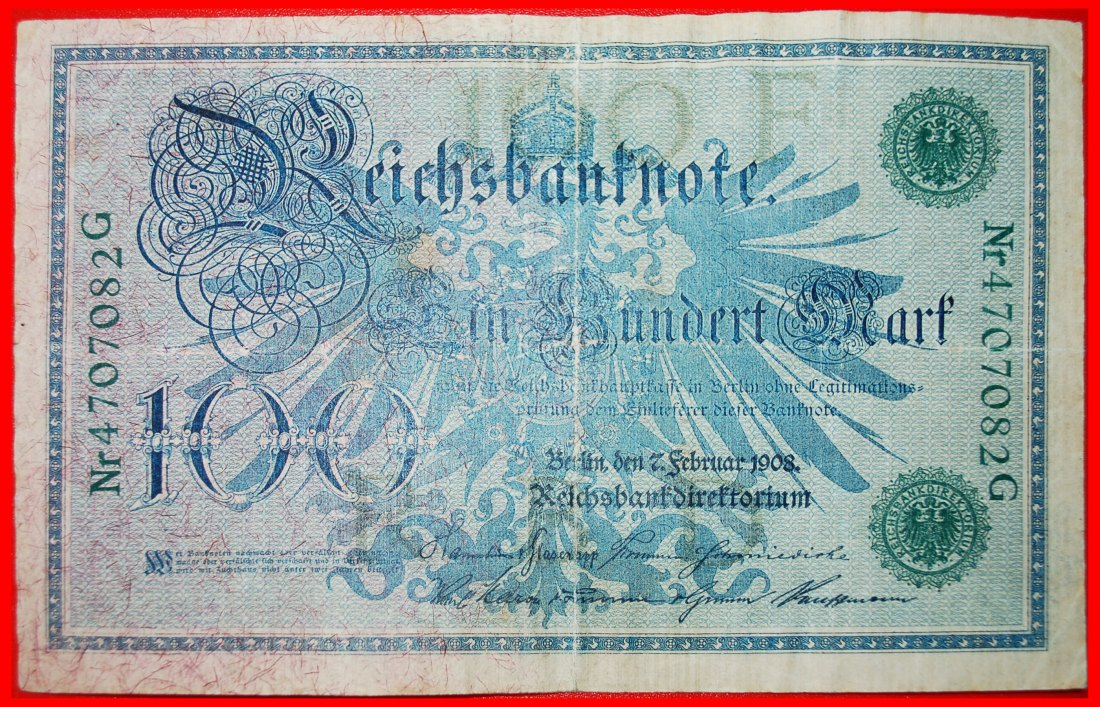  * REICHSBANKNOTE: DEUTSCHLAND ★  100 MARK 1908! OHNE VORBEHALT!   