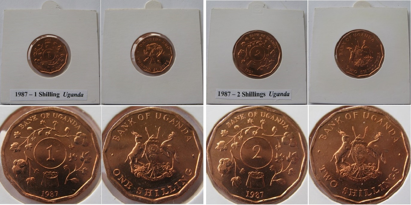  1987, Uganda, a set 1+ 2 schillings   
