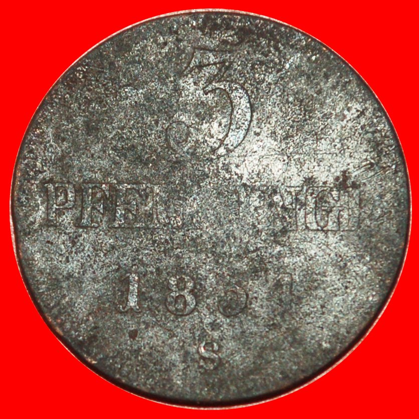 * UNCOMMON: GERMANY ★ 3 PFENNIGE 1854S WISMAR!★LOW START! ★ NO RESERVE!