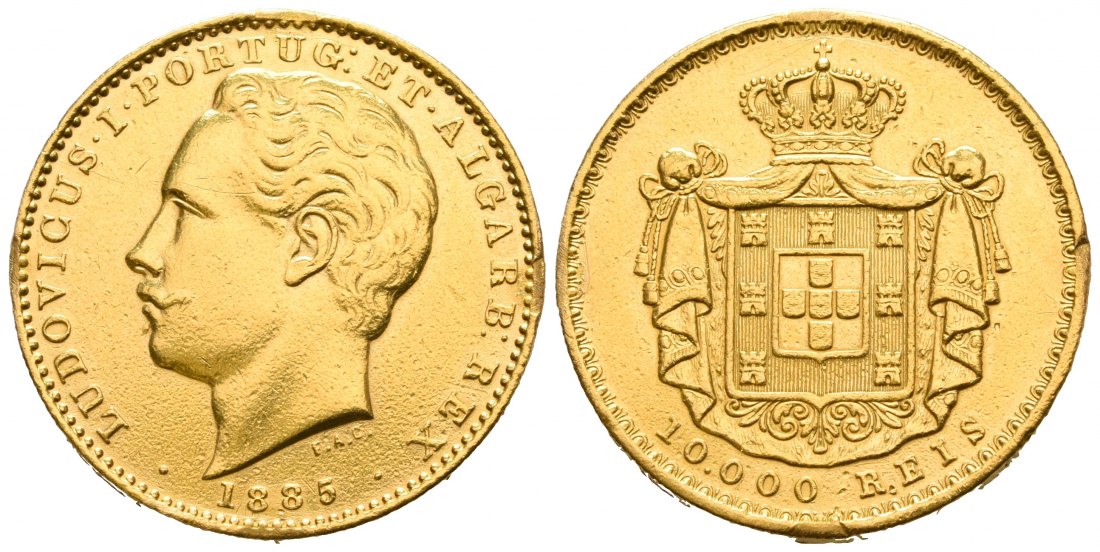 PEUS 6550 Portugal 16,26 g Feingold. Ludwig I. (1861 - 1889) 10.000 Reis GOLD 1885 Fast Sehr schön