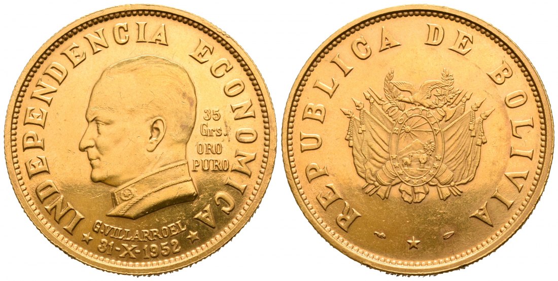 PEUS 6554 Bolivien 35 g Feingold. 1952 Revolution 50 Bolivianos GOLD 1952 Vorzüglich