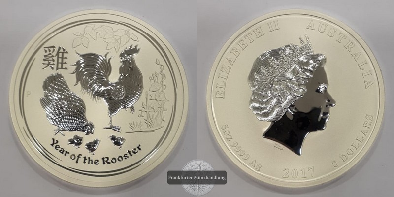  Australien  8 Dollar Jahr der Hahns 2017  FM-Frankfurt  Feinsilber: 155,5g   