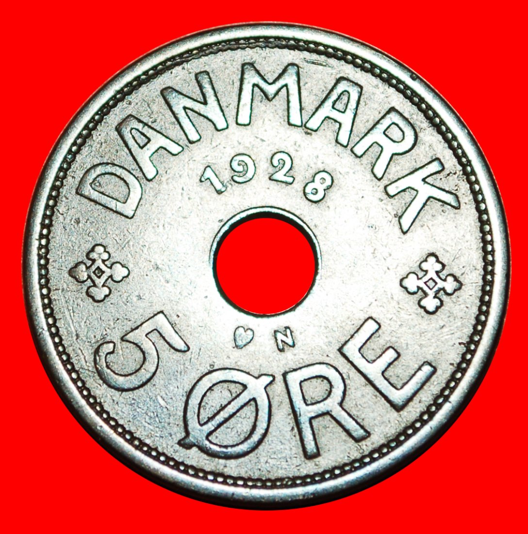 * HOLE (1927-1940): DENMARK ★ 5 ORE 1928! Christian X (1912-1947) LOW START ★ NO RESERVE!