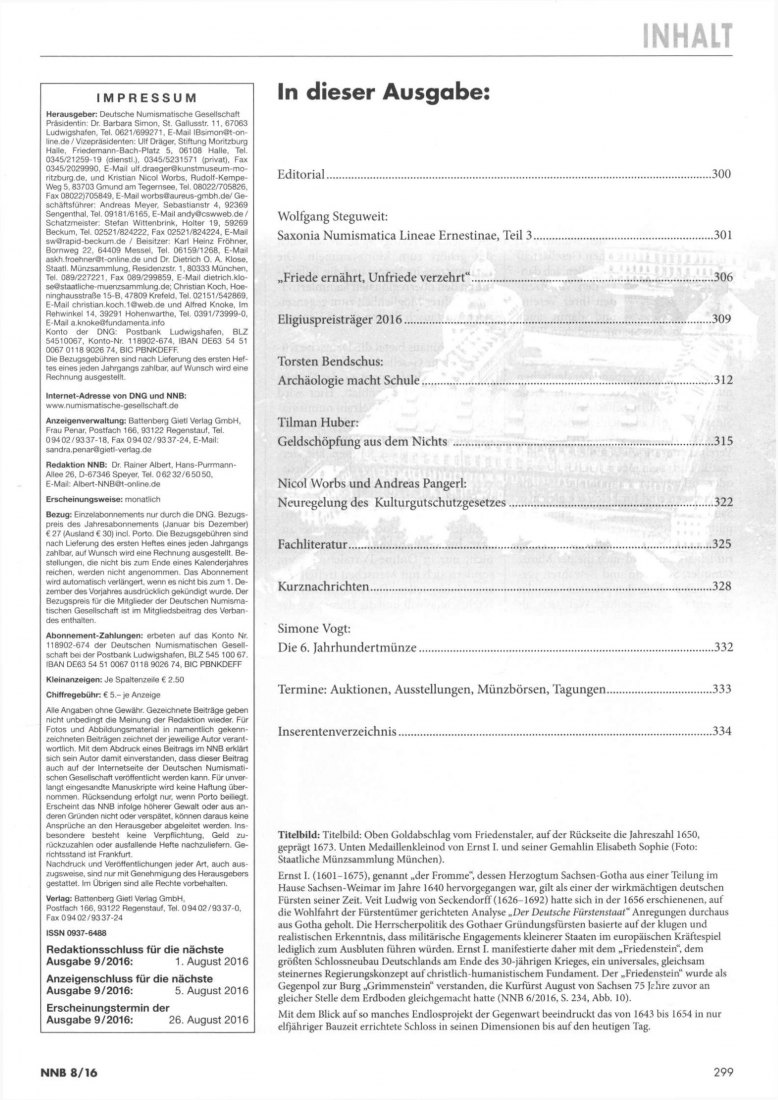  (NNB) Numismatisches Nachrichtenblatt 08/2016 Saxonia Numismatica Lineae Ernestinae - Teil 3   
