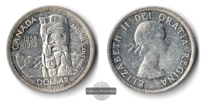  Kanada, 1 Dollar  1958 British Columbia    FM-Frankfurt    Feinsilber: 18,66g   