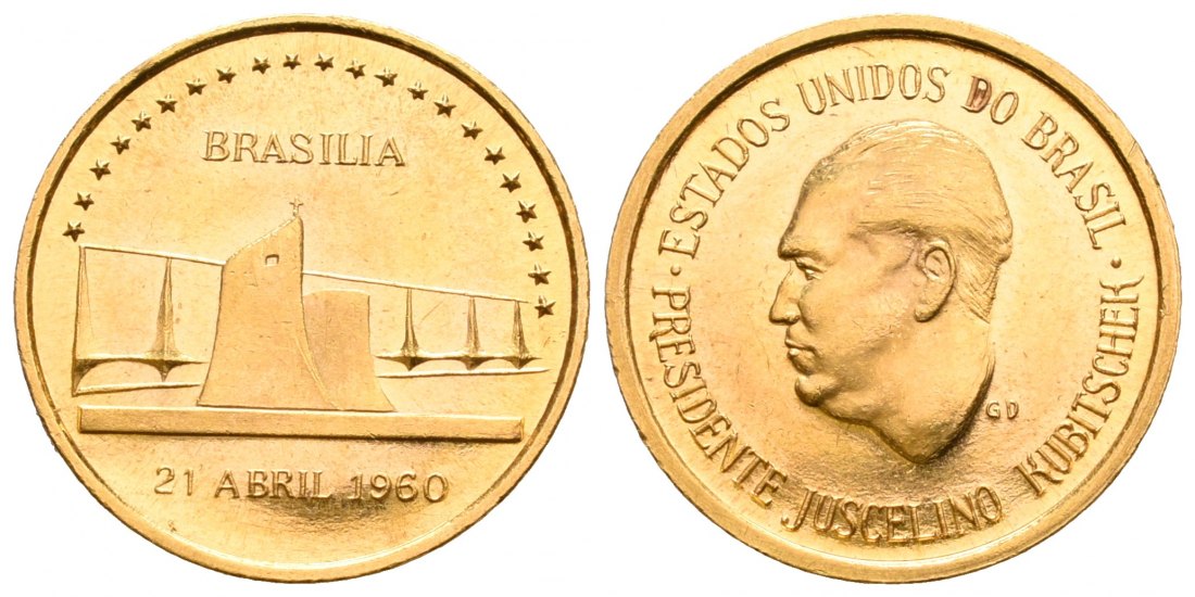 PEUS 6555 Brasilien 5 g / 20 mm. Gründung Brasiliens 21. April 1960 Medaille GOLD 1960 Impaired Proof / Vorzüglich aus PP
