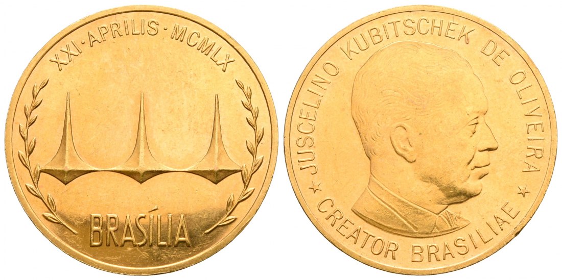 PEUS 6557 Brasilien 15,95 g / 28 mm. Gründung Brasiliens 21. April 1960 Medaille GOLD 1960 Kl. Kratzer, Vorzüglich