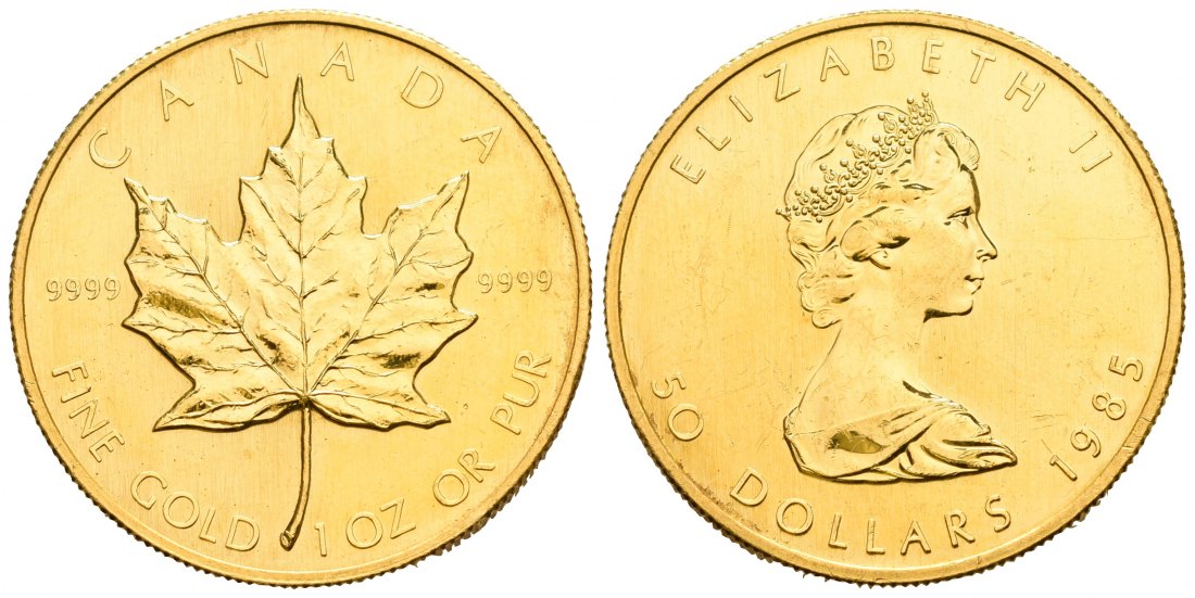 PEUS 6566 Kanada 31,1 g Feingold. Maple Leaf 50 Dollars GOLD Unze 1985 Kl. Kratzer, fast Vorzüglich