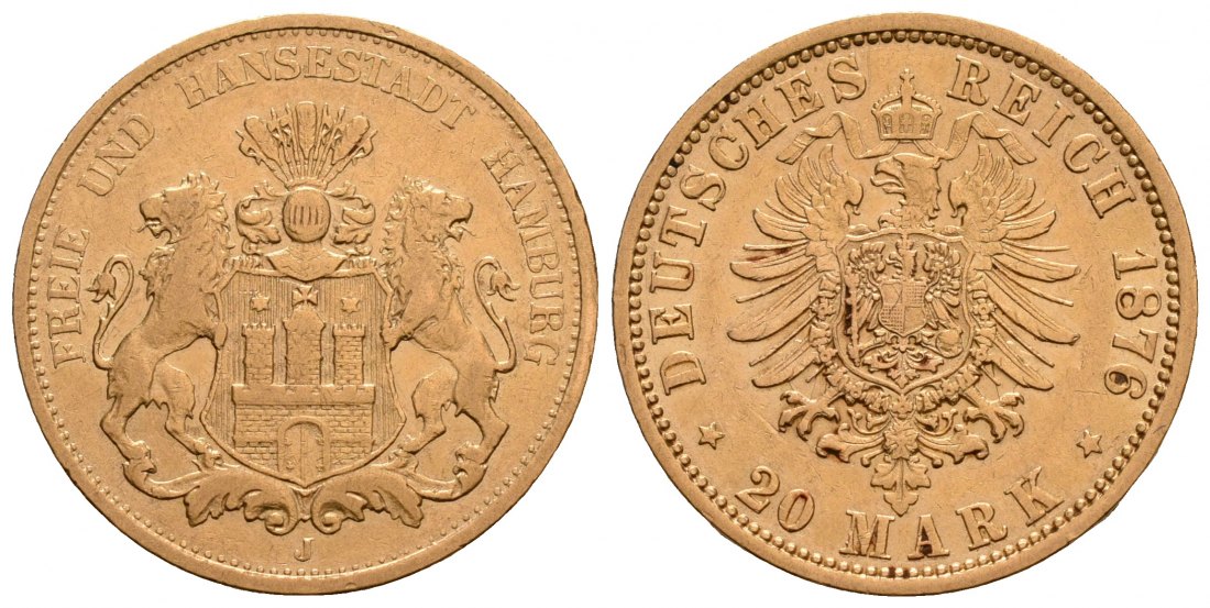 PEUS 6328 Kaiserreich - Hamburg 7,16 g Feingold. Stadtwappen / Kleiner Adler 20 Mark GOLD 1876 J Sehr schön