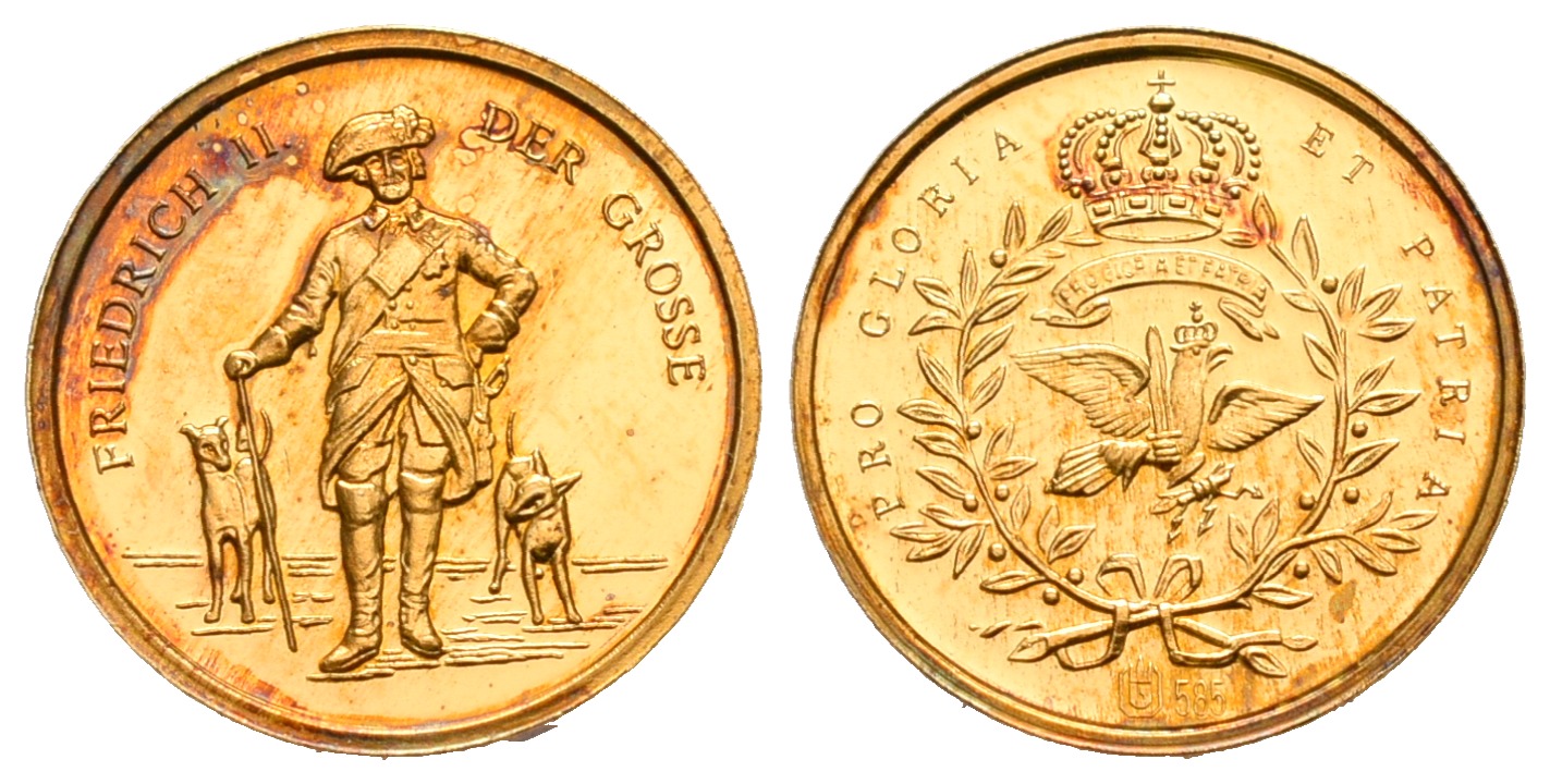 PEUS 6576 Preußen 0,9 g Feingold (585). Friedrich der Große (1740 - 1786) Goldmedaille o.J. Patina, fast Stempelglanz