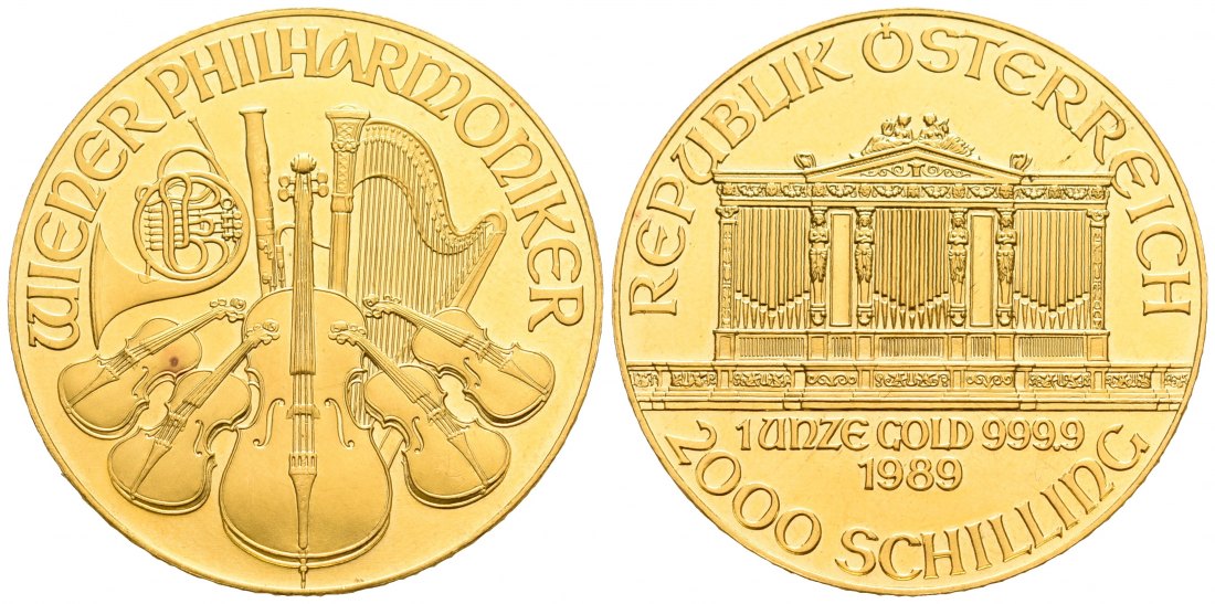 PEUS 6589 Österreich 31,1 g Feingold. Wiener Philharmoniker 2000 Schilling GOLD Unze 1989 Stempelglanz