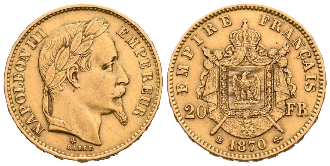 PEUS 6590 Frankreich 5,81 g Feingold. Napoleon III. (1852-1870) 20 Francs GOLD 1870 BB Straßbur Sehr schön
