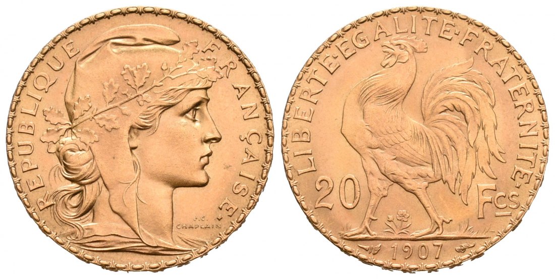 PEUS 6591 Frankreich 5,81 g Feingold. Marianne 20 Francs GOLD 1907 Vorzüglich