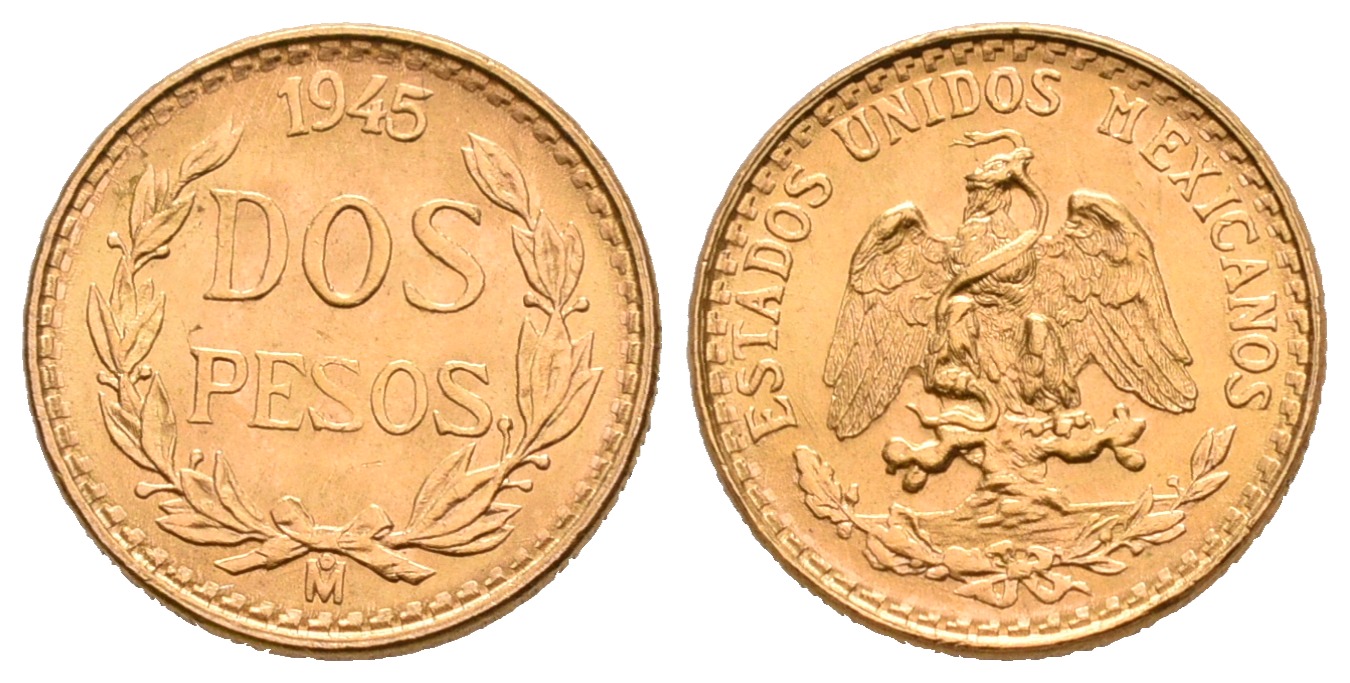 PEUS 6593 Mexiko 1,5 g Feingold 2 Pesos GOLD 1945 M Fast Stempelglanz