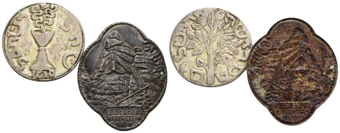  Medaillen o. J.(2 Stück), unedel; 10,55 g / 2,69 g; Ø 32 mm / 45x42 mm   