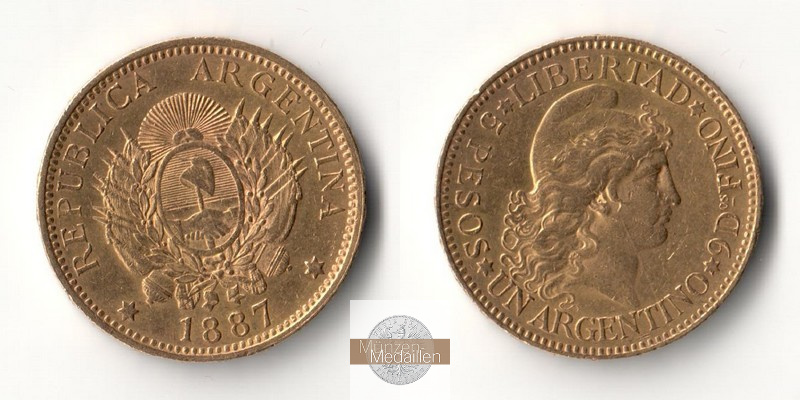 Argentienien Feingold: 7,2g 5 Pesos 1887 