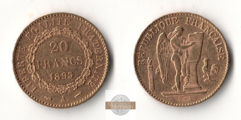 Frankreich MM-Frankfurt Feingold: 5,81g 20 Francs 1893 A 