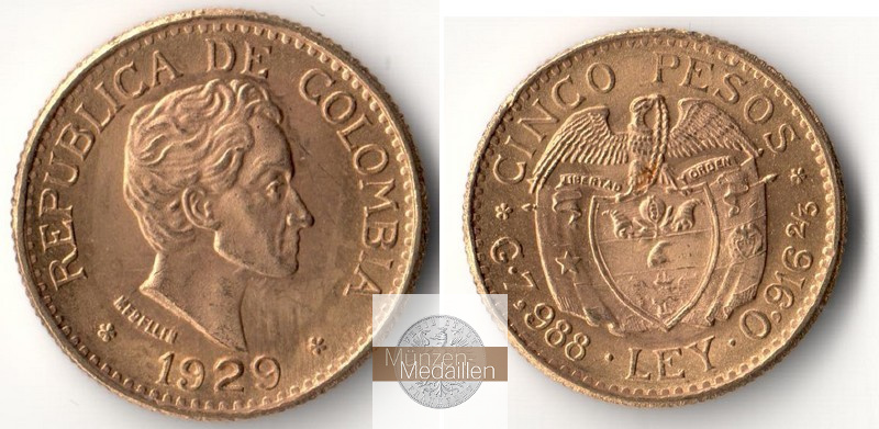Kolumbien Feingold: 7,32g 5 Pesos 1929 