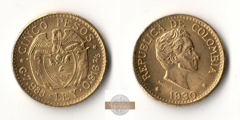 Kolumbien Feingold: 7,32g 5 Pesos 1930 