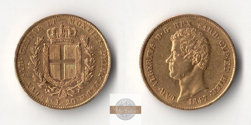 Sardinien MM-Frankfurt Feingold: 5,81g 20 Lire 1847 