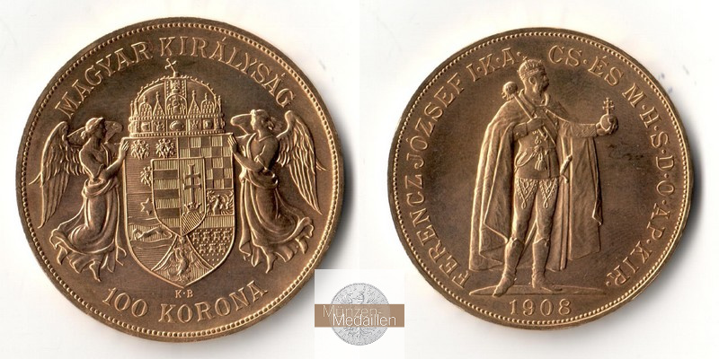 Ungarn MM-Frankfurt Feingold: 30,49g 100 Kronen 1908 