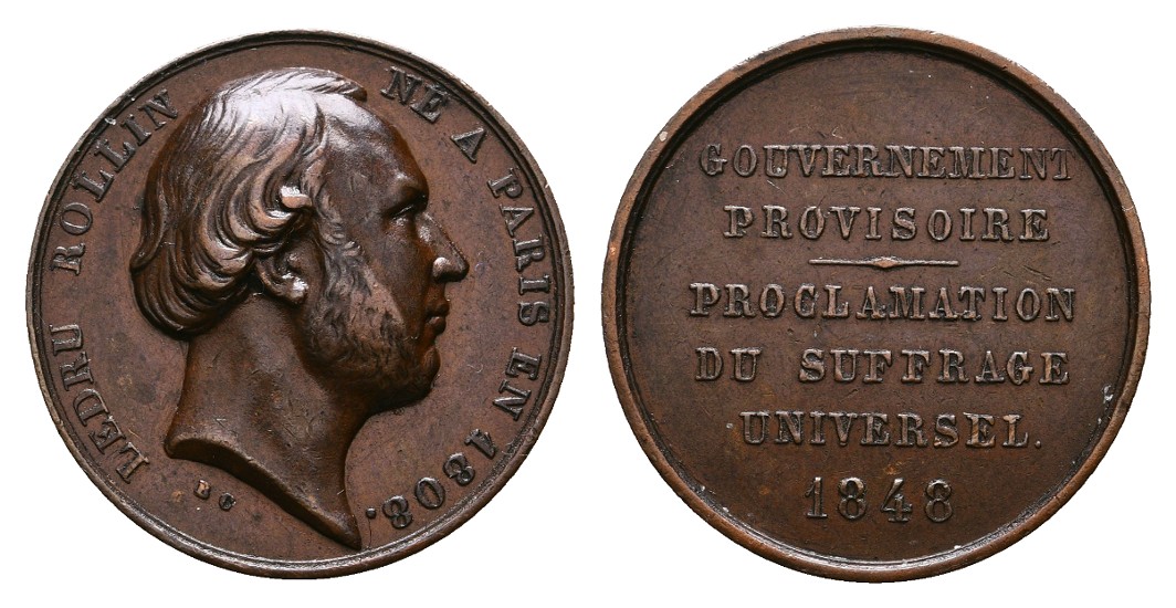  Linnartz FRANKREICH, Bronzemed. 1848 (v.B.C.) auf Alexandre Ledru-Rollin, 26mm, 11,79gr. vz+   