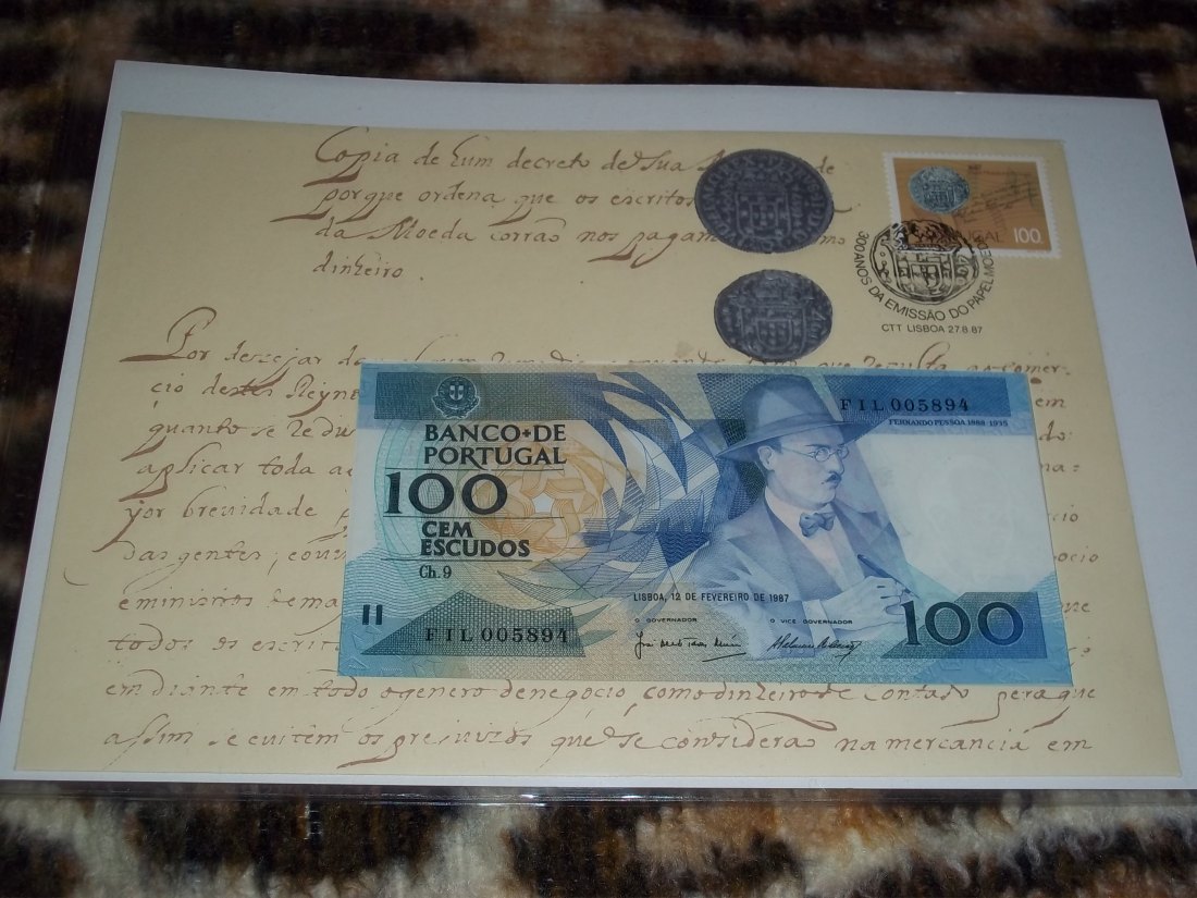  Portugal   Banknotenbrief mit 100 Escudos Banknote Präfix FIL  von 1987  RAR !!!!   