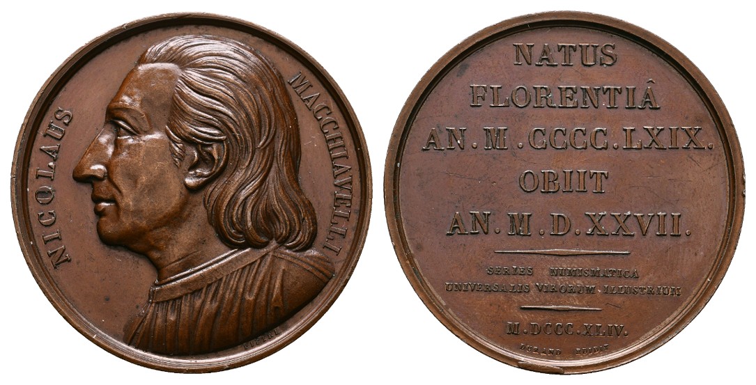  Linnartz NUMISMATIK,Bronzemed.1844 (v.Pietri) Numismatiker, Nikolaus Macchiavelli,41mm, 43,24gr vz+   