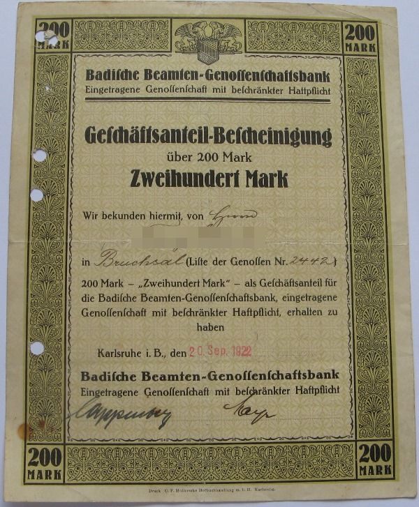  1922, German Reich, business share certificate-200 Mark,Badische officials-Genossenschaftsbank   